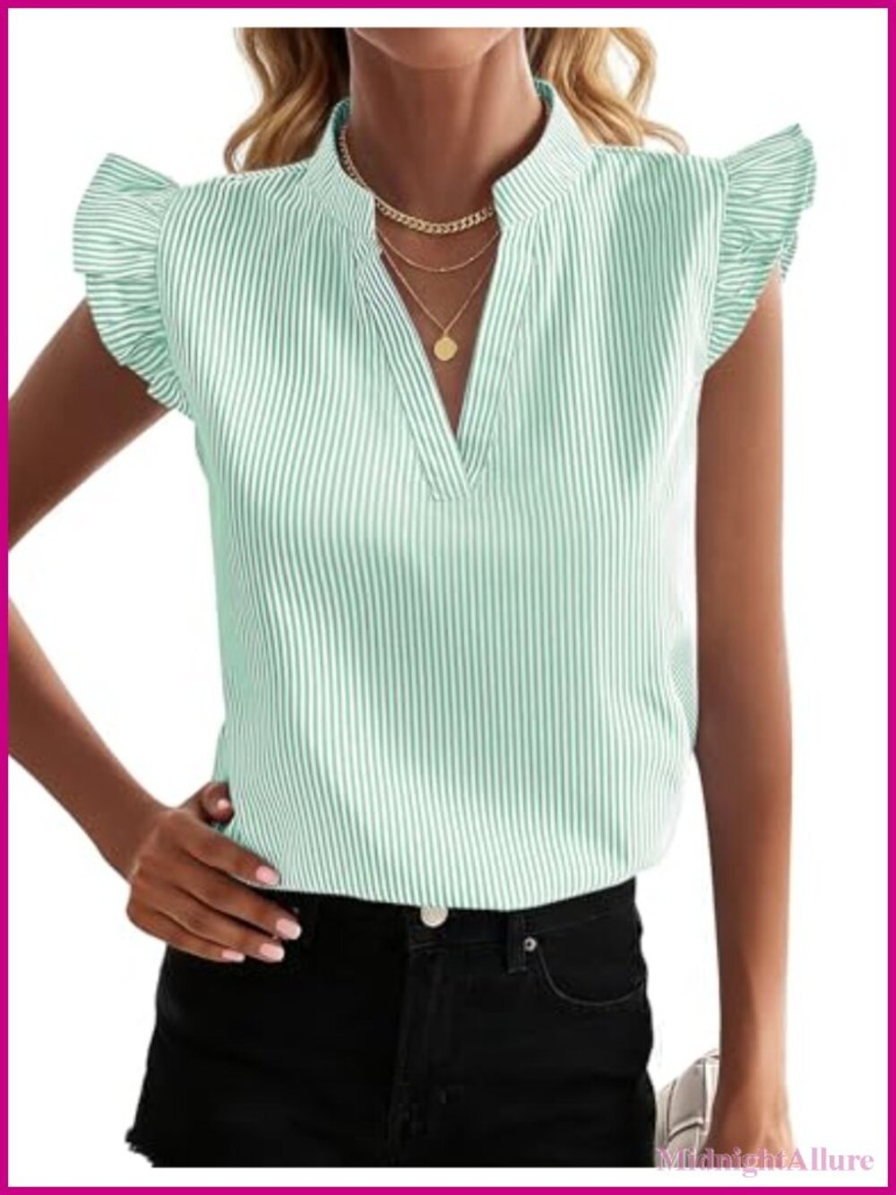 Women's Striped Ruffle Cap Sleeve V-Neck Blouse Work Casual Top